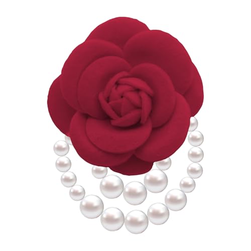 Vintage White Flower Pearl Tassel Brooch Pins for Women Trendy Camellia Pearl Hair Pins Christmas Pins Dainty Shawl Brooches Bracelet Birthday Jewelry - color: red