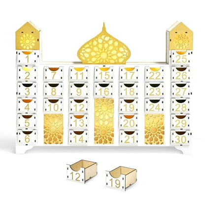 Wooden Ramadan Countdown Calendar, Eid Mubarak Advent Calendar with Drawer, Mosque Shaped Fillable Muslim Ramadan Decoration for Home Holiday Tabletop Decor Gift Party Supply
