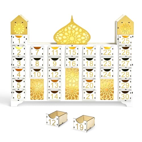 Wooden Ramadan Countdown Calendar, Eid Mubarak Advent Calendar with Drawer, Mosque Shaped Fillable Muslim Ramadan Decoration for Home Holiday Tabletop Decor Gift Party Supply