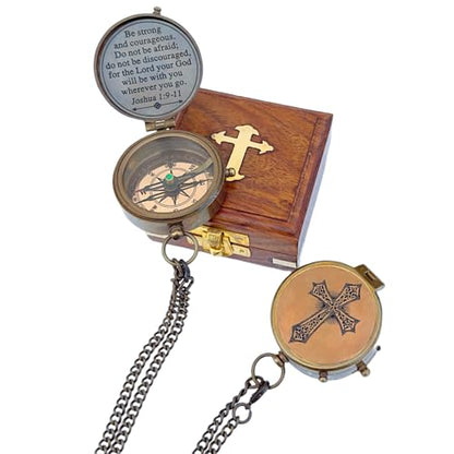 Engraved Personalized Inscription Antique Brass Compass Engraved with Leather Case Son Mom Children Gift Baptism Birthday Easter Decor - style: Josua 1:9 -11 Engraved with Holy CROSS