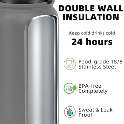 Fanhaw 24 oz Insulated Stainless Steel Water Bottle with Anti-Dust Chug Lid, Leakproof Vacuum Metal Everyday Use Bottle for Kids, Teens & Adults, Back to School Essentials (Gray) - color: Gray, style: 24 Ounces