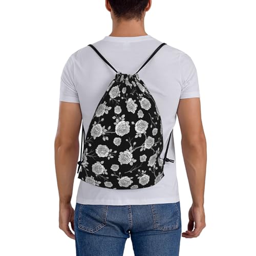 Breathable Polyester Drawstring Bag Black Roses Pattern, Large Capacity String Backpack for Swimming Pool - color: Pattern (362)