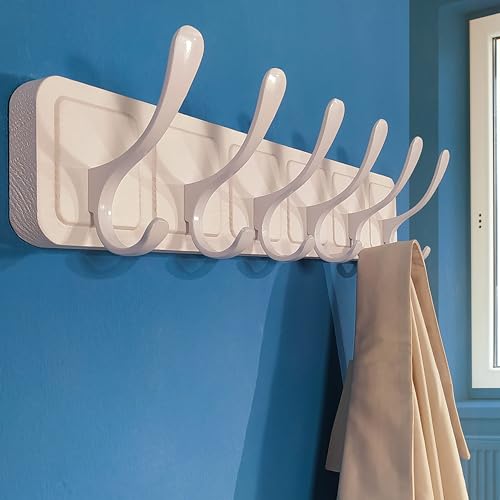 SKOLOO Coat Rack Wall Mount - Scandi-Style Wooden Carved-Block Coat Hook,Pack of 2, Wall Coat Hanger with 6 Hooks for Hanging Coats, Hats, Clothing, Scarfs, White - color: Allwhite