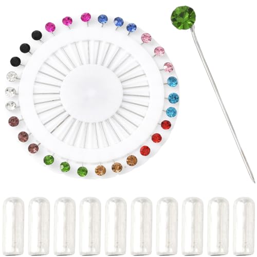 SUNNYCLUE 30Pcs Colorful Straight Pins Rhinestone Head Pin Random Mixed Color Metal Iron Crystal Muslim Hijab Scarf Clothes Brooch with 10Pcs Safety Caps for Jewelry Shawls Wedding Decoration Supplies - color: Mixed Color