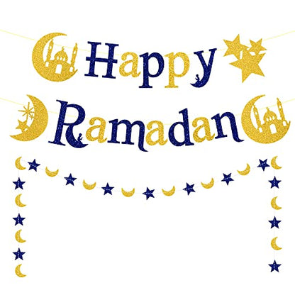 Ramadan Kareem Banner Glitter Happy Ramadan Words Stars Moon Banner, Eid Mubarak Decor Banner for Ramadan Kareem Party Decoration Anniversary Home Bedroom Front Door Room Hanging Decoration Supplies