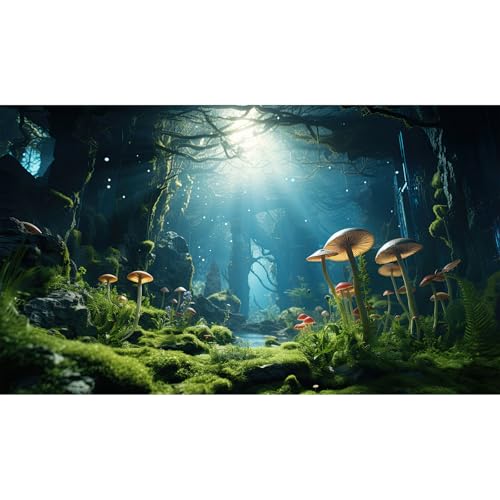 Jungle Rainforest Fish Tank Background Tropical Underwater Cave Aquarium Background Mushrooms Lush Green Moss Terrarium Backgrounds Lake Stream Rock Reptile Tank Backgrounds Wallpaper Poster 72x16in - size: 72(W)x16(H)inches/ 180(W)*40cm(H)