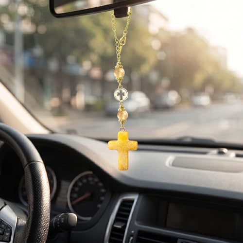 Cross Crystal for Rear View Mirror, Car Mirror Hanging Accessories, Cute Car Charm, Car Decoration Cross Ornament Christian Gift for Women, Car Decor Drive Safe Gift for Drivers (1, Champagne Amber) - color: Champagne Amber