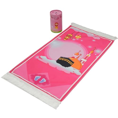 Modefa Turkish Islamic Child Prayer Rug Gift Set - Thin Praying Carpet for Boys and Girls - Muslim Digital Print Kids Prayer Mat Gift Ramadan or Eid with Tesbih Prayer Beads - Pink