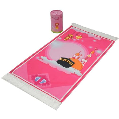 Modefa Turkish Islamic Child Prayer Rug Gift Set - Thin Praying Carpet for Boys and Girls - Muslim Digital Print Kids Prayer Mat Gift Ramadan or Eid with Tesbih Prayer Beads - Pink