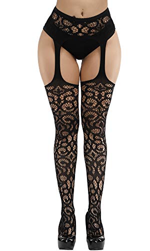 E-Laurels Womens High Waist Patterned Fishnet Tights Suspenders Pantyhose Thigh High Stockings Black - color: Black A10