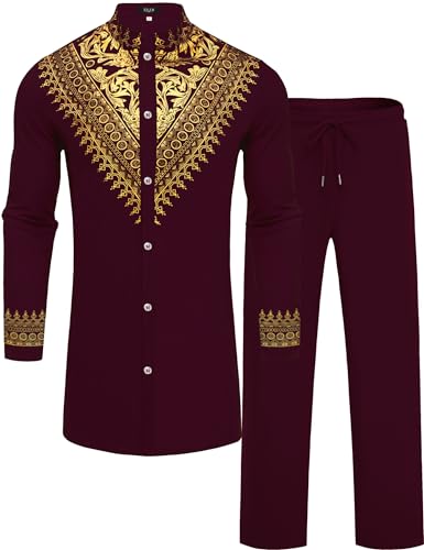 Mens African 2 Piece Set Metallic Traditional Suit Gold Stamp Printed African Dashiki Shirt and Pants Outfit - color: Wine Red, size: Medium