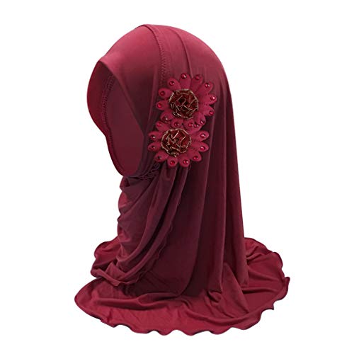 Girls Ice Silk Muslim Khimar Hijab Headscarf Flower Arab Scarf Shawls Neck Wrap Islamic Head Wrap for Age 2-7 Years - color: Style 1-wine Red