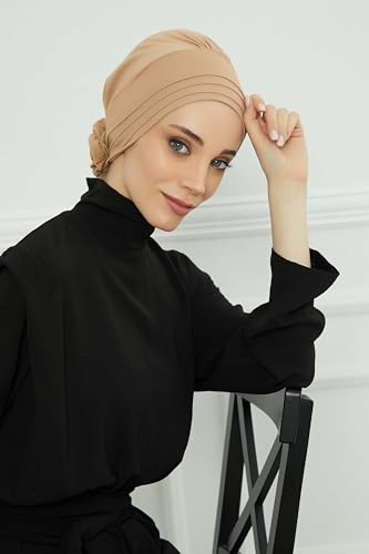 Aisha's Design Instant Turban Head Wraps for Women, Combed Cotton Scarf Lightweight Pre tied Hijab with Back Rose Detail - color: Sand Brown