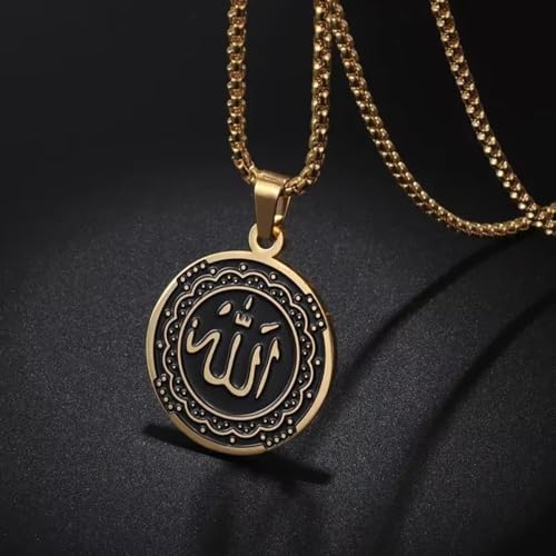 Islamic Allah Religious Amulet Stainless Steel Pendant Necklace Muslim Arabic Protection Jewelry Gift for Men Women - color: golden