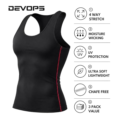 DEVOPS 3 Pack Men's Muscle Dry Fit Compression Tank Top Sleeveless Shirt | Compression Fit, Wicking, 4-Way Stretch, Running, Workout, UPF 50+, Sleeveless - color: Black / Black / Black, size: X-Large