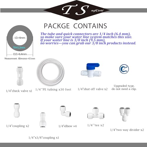 NSF 1/4" inch Water Line Tubing and Push to Connect Fittings for Reverse Osmosis Water Filter RO fittings,14 pcs connetors+30 feet 1/4" O.D. (6.4mm) water tubing. - style: 1/4"(14pcs+30feet)