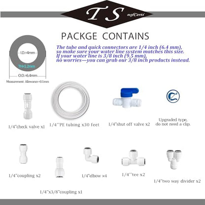 NSF 1/4" inch Water Line Tubing and Push to Connect Fittings for Reverse Osmosis Water Filter RO fittings,14 pcs connetors+30 feet 1/4" O.D. (6.4mm) water tubing. - style: 1/4"(14pcs+30feet)