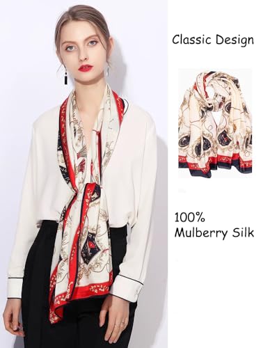 ANDANTINO 100% Silk Long Scarf-Women Large Oblong Shawls with Gift Packed - color: 1-red&navy-carriage