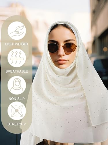 Geyoga Hijab Scarf for Women Soft Chiffon Rhinestone Long Scarf Shawl Fashion Muslim Hijab Head Wrap Scarves - color: Beige
