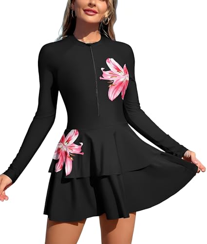 ZAFUL Women Long Sleeve One Piece Rash Guard Modest Swim Dress Bathing Suit - color: 0-large Pink Flowers, size: X-Large