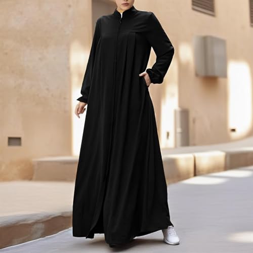 Womens Abaya Muslim Long Sleeve Front Zipper Dress Prayer Islamic Clothes with Pockets - color: Black, size: XX-Large