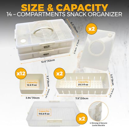 Stackable Snackle Box Container 2 Pack, 14 Compartments with 2 Drain Compartments, BPA-Free Snack Organizer with Lids & Handles for Family Snacks, Dishwasher & Microwave Safe (White 2 Pack) - color: White