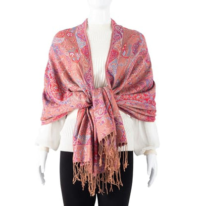 TUSHUSTY Pashmina Feel Shawls Wraps Rave Scarf for Women Soft Silky Reversible Men Scarves Hijab - color: Tan Red Blue