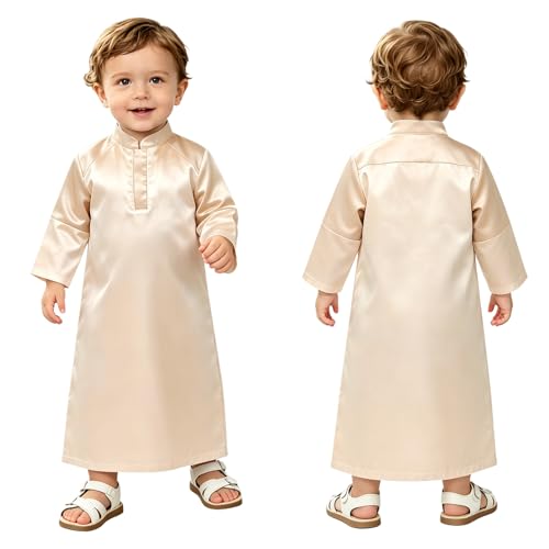 Lejafay Islamic Abaya for Boys Ramadan Eid Outfit Long Sleeve Stand Collar Dubai Thobe Kaftan Prayer Gowns - color: Champagne, size: 3-4T