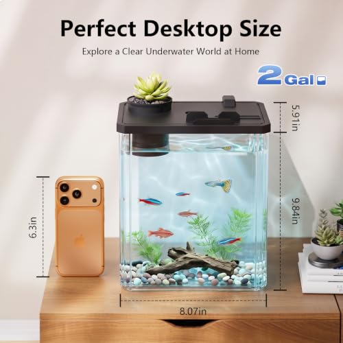 2 Gallon Betta Fish Tank Aquarium Starter Kit with Light and Lid(Black) | Premium Acrylic Aquarium with Light and Lid, Crystal Clear Starter Kit for Betta Fish, Shrimp, Snails and Small Fish - color: Black, size: 2 Gallon
