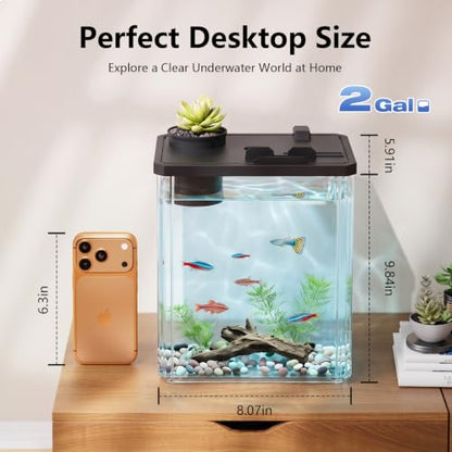 2 Gallon Betta Fish Tank Aquarium Starter Kit with Light and Lid(Black) | Premium Acrylic Aquarium with Light and Lid, Crystal Clear Starter Kit for Betta Fish, Shrimp, Snails and Small Fish - color: Black, size: 2 Gallon