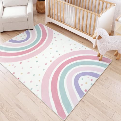 STARUIA 5x7 Washable Rainbow Rug for Girls Bedroom, Soft Polka Dot Pink Rug for Girls Room Nursery, Non-Slip Large Kids Carpet Area Rug for Playroom Classroom Kids Room Princess Castle - color: Pink, size: 5'x7' (Rectangular)