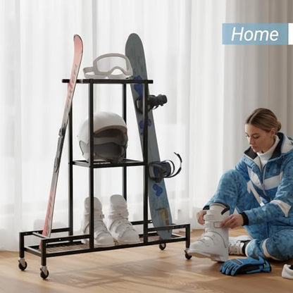 Standing Ski Storage Rack | Holds Snowboards & Skis, 3-Tier Organizer for Gear, Black - Ski Rack for Garage (without antislipmat) - style: without antislipmat