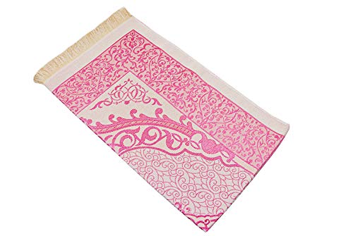 ihvan online Muslim Prayer Rug and Prayer Beads with Elegant Design Cylinder Gift Box, Janamaz, Soft Sajadah, Islamic Gifts Set, Portable Prayers Carpet Mat, Taffeta Fabric, Pink - color: Pink