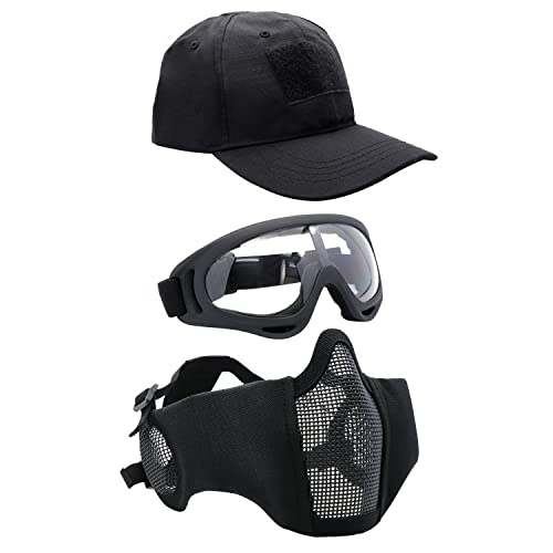 Airsoft Mask with Goggles, Foldable Half Face Airsoft Mesh Mask with Ear Protection for Paintball Shooting Cosplay CS Game - color: Black-3pcs, size: 3pcs