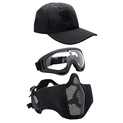 Airsoft Mask with Goggles, Foldable Half Face Airsoft Mesh Mask with Ear Protection for Paintball Shooting Cosplay CS Game - color: Black-3pcs, size: 3pcs