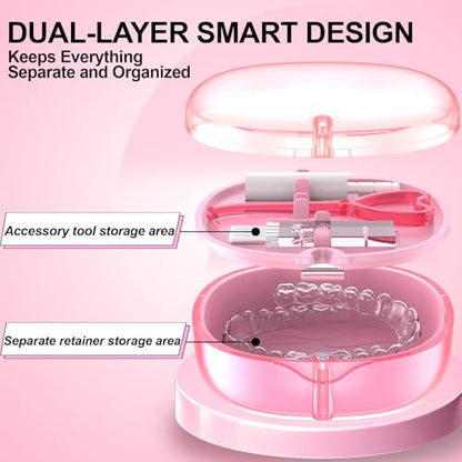 Pink Aligner and Retainer Case Double-layer Cute Slim Braces Night Mouth Guard Case with Remover Tool, Chew and Cleaning Brush, Built in Mirror Orthodontic Dental Retainer Container - color: Transparent Pink