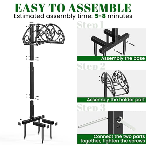 Sunvigor Garden Hose Holder, Heavy Duty Metal Hose Stand with 4 Spikes, Holds Up to 150FT Hose, No Drill Freestanding Hose Reel Alternative for Yard Lawn Outdoor - color: Black-vine Style