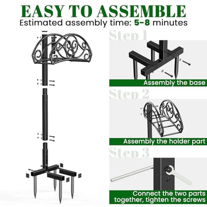 Sunvigor Garden Hose Holder, Heavy Duty Metal Hose Stand with 4 Spikes, Holds Up to 150FT Hose, No Drill Freestanding Hose Reel Alternative for Yard Lawn Outdoor - color: Black-vine Style