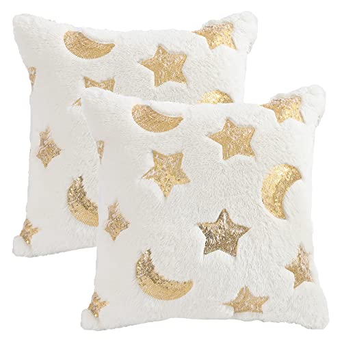 Holibeat White Moon Star Sequins Pillow Covers Ramadan Fur Cushion Covers 18x18 inch DecorationThrow Pillow Cases (Pack of 2) - color: White Moon Star