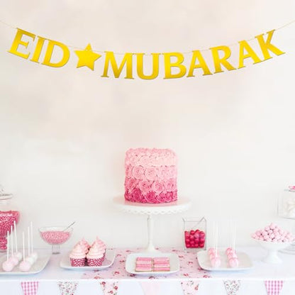 Eid Mubarak Banner - Moon Ramadan Kareem Party Decor - Baby Shower - Perfect Eid Gifts - Islamic Muslim Party Supplies - Mirror Gold