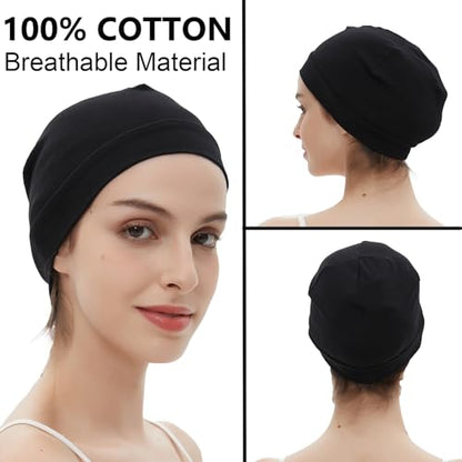 100% Cotton Skull Caps Beanie Bald Sleeping Hats for Men Women - color: 3pieces-black,navy,light Blue