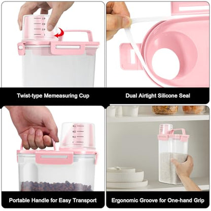 2 Pack 3 Lbs Pet Dog Cat Food Bird Seed Storage Containers for Travel -Pink | Airtight 5 Lbs Rice Dispenser Flour Container Keep Fresh Portable Cereal Oatmeal Holder Large Pour Spout Measuring Cup Handle - color: Pink-3L 2Pack