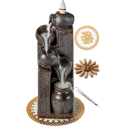 Unique Cascading Basins Ceramic Waterfall Incense Holder, Paired with a Pack of Backflow Incense Cones. (Metallic) - color: Metallic
