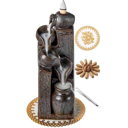 Unique Cascading Basins Ceramic Waterfall Incense Holder, Paired with a Pack of Backflow Incense Cones. (Metallic) - color: Metallic