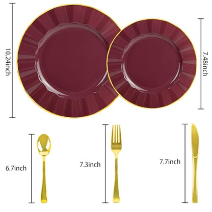 150Pcs Plastic Plates with Gold Rim, Heavy Duty Burgundy Plates for 30 Guests, Plastic Dinnerware Set Include 30 Dinner Plate, 30 Dessert Plate, 90 Gold Cutlery Set for Party (Burgundy) - color: Burgundy