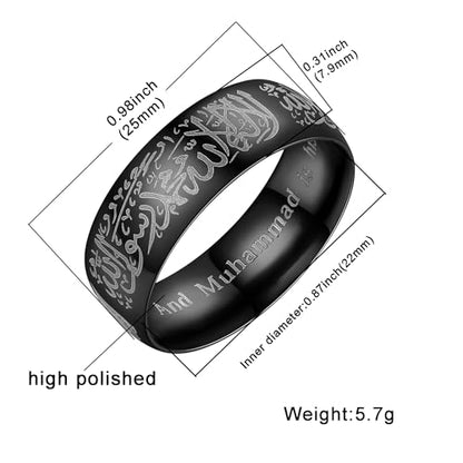 Hipunk Stainless Steel Islamic Muslim Shahada Ring - Mohammad Arabic Letter Rings Band Prayer Religious Calligraphy Ayatul Kursi Allah Rings Eid Ramadan for Men Women Size 9-12 - color: Black