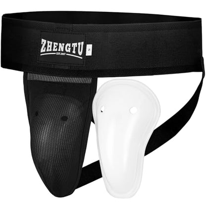 Groin Protector Cup Kickboxing Boxing Muaythai MMA Groin Guard, Jockstrap Karate Training, BJJ Protection, Soccer, Basketball Removable TPE Cup with Silicone Cushioning - color: Black, size: Small