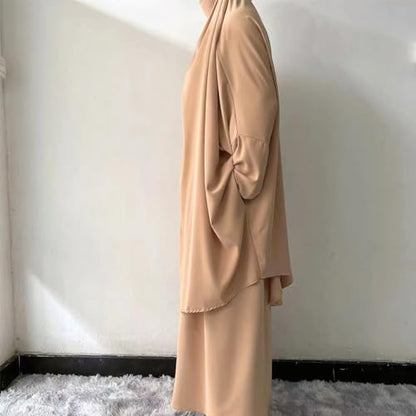 ODIZLI Two Pieces Jilbab and Dress for Muslim Women Long Khimar and Skirt Available for Prayer - color: Khaki
