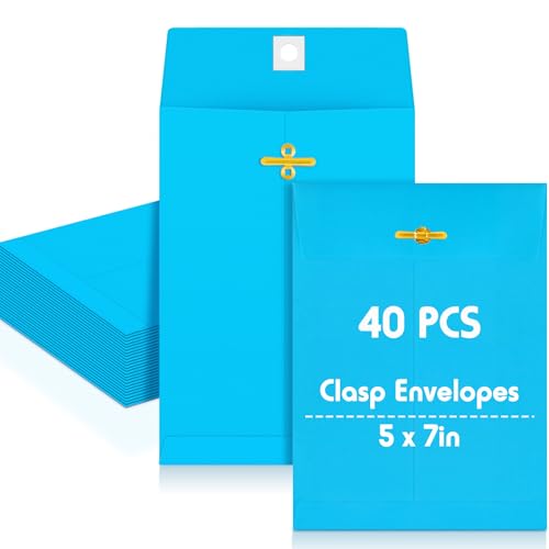 Geyee 40 Pcs 5 x 7 Inch Clasp Manilla Envelopes, Small Colored Kraft Envelopes with Gummed Clasp Closure for Weddings, Invitations, Greeting Cards, Mailing, Storing, Home Office Business (Lake Blue) - color: Lake Blue