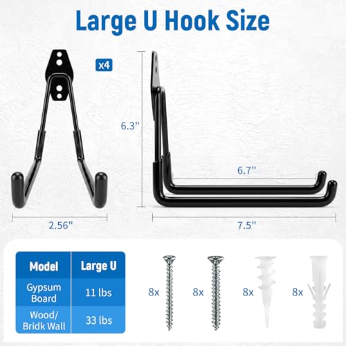 Large Garage Hooks Heavy Duty, 4 Pack 7.5 inch Garage Wall Hooks for Hanging Ladder, Kayak, Bike, Chair and Tool